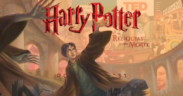 No fundo, imagem em tom laranja do personagem Harry Potter erguendo o braço para tentar pegar algo. Na frente o título "Harry Potter e as Relíquias da Morte".