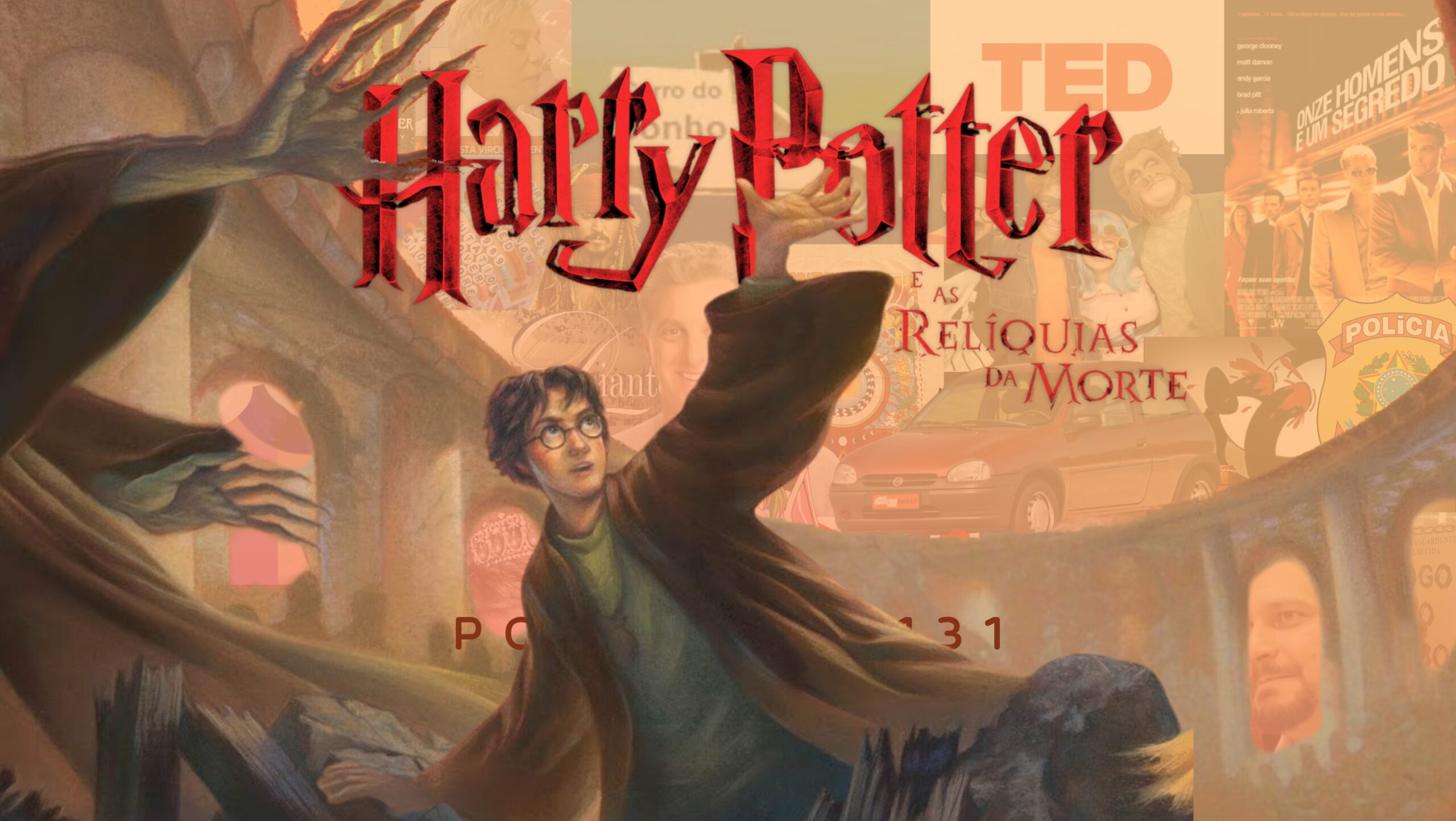 No fundo, imagem em tom laranja do personagem Harry Potter erguendo o braço para tentar pegar algo. Na frente o título "Harry Potter e as Relíquias da Morte".