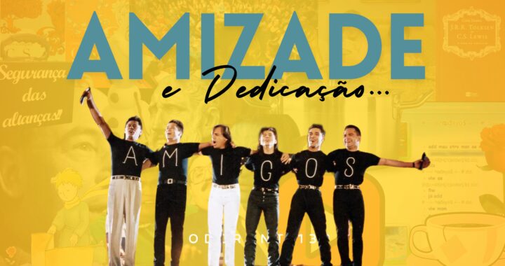 No fundo, imagem em tom amarelo e o grupo sertanejo Amigos. Na frente o título "Amizade e Dedicação" nas cores azul e preto.