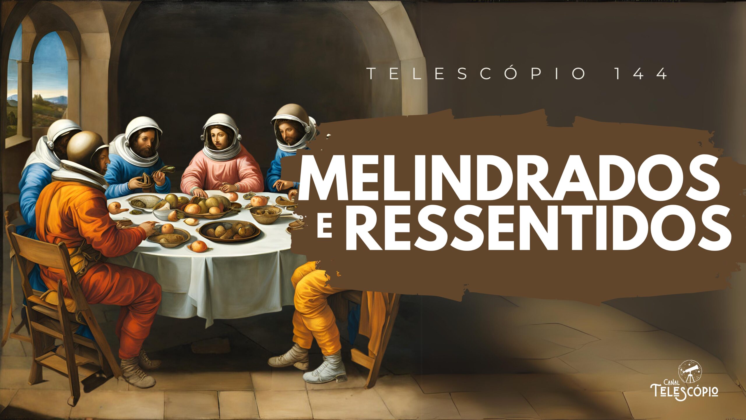 Imagem de astronautas com roupas coloridas sentados ao redor de uma mesa. Na frente, letreiro com o título do programa: "Melindrados e Ressentidos".