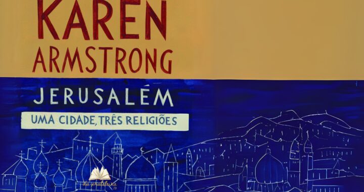 Capa do livro onde há ilustração da silhueta da cidade de Jerusalém em branco, com fundo azul. Na frente o título do episódio "Jerusalém, uma cidade, três religiões".