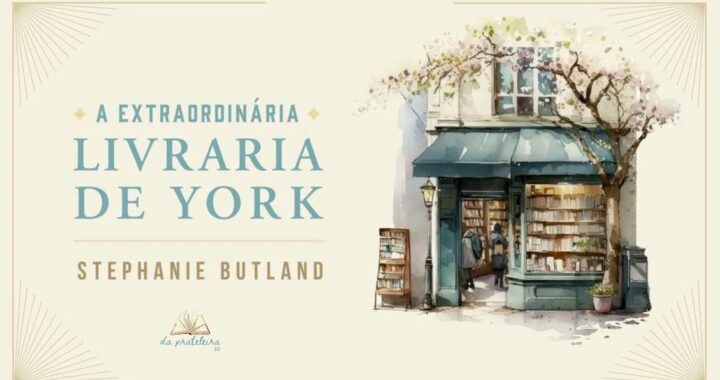 Capa do livro onde há ilustração em aquarela da fachada de uma biblioteca de rua. Na frente o título do episódio "A Extraordinária Livraria de York".