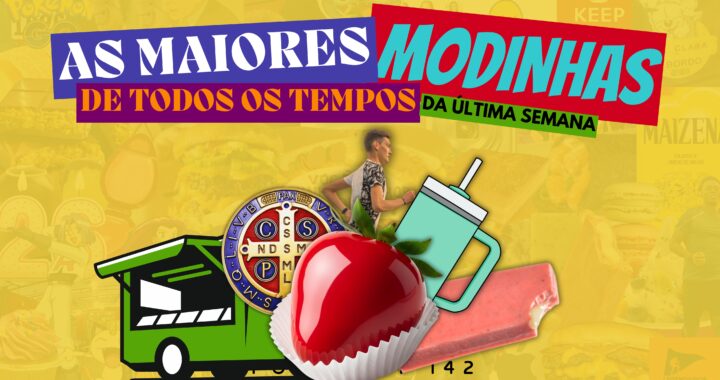 Plano de fundo amarelo. Na frente o letreiro "As Maiores Modinhas de Todos os Tempos da Última Semana". Abaixo o letreiro "Podcrent 142" e imagem de um homem correndo, um morango do amor, um food truck, um adesivo de São Bento, um copo Stanley de canudinho e uma paleta mexicana.