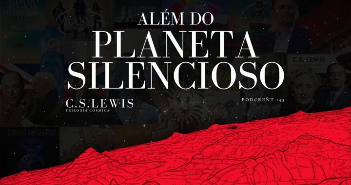 Plano de fundo de céu escuro, com escuro com estrelas . Na frente o letreiro "Além do Planeta Silencioso". Abaixo o letreiro "Podcrent 143" e imagem da superfície de uma planeta vermeho.