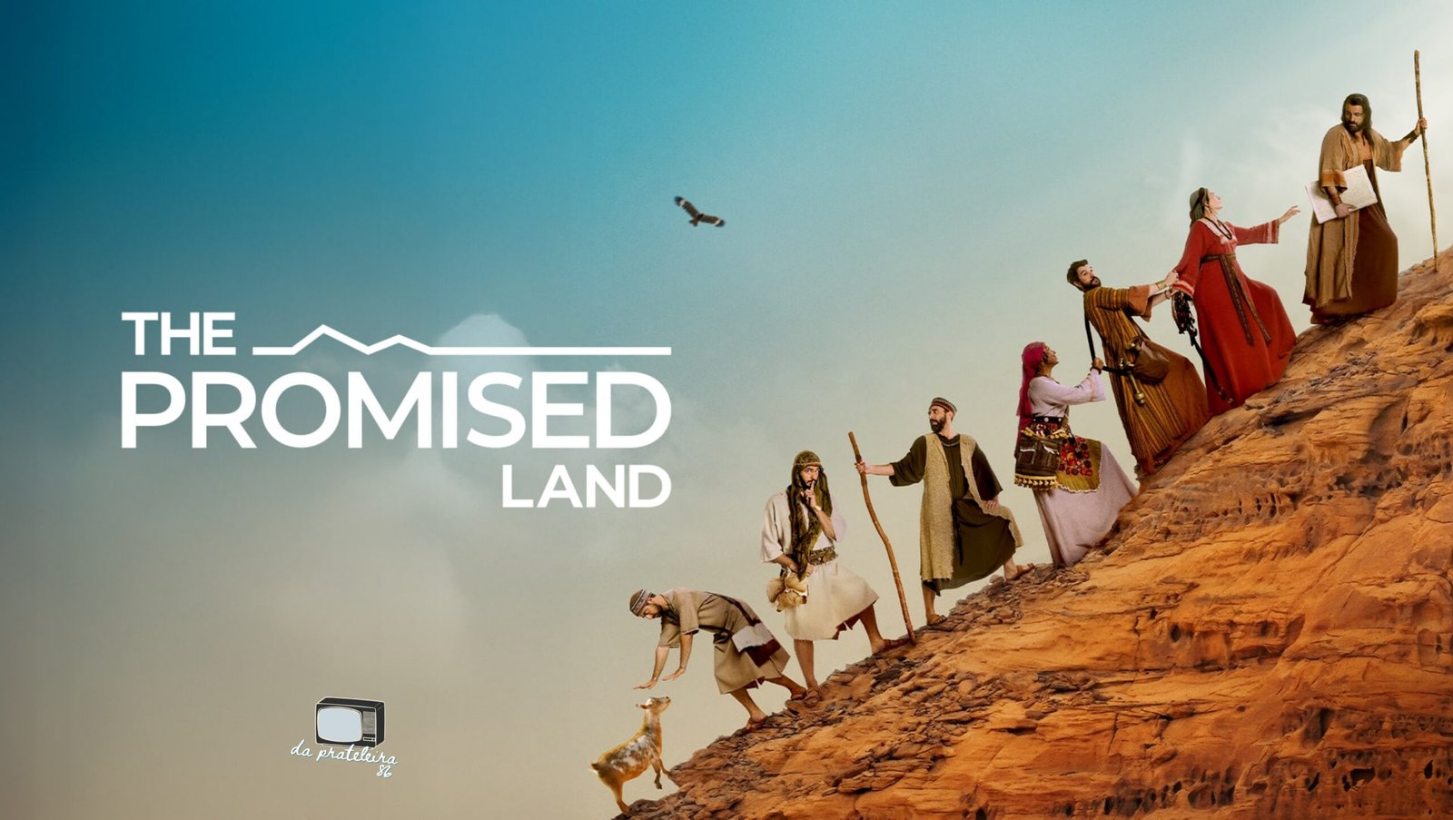 Imagem de atores representando o povo hebreu, subindo uma montanha. Na frente o título do episódio "The Promised Land".